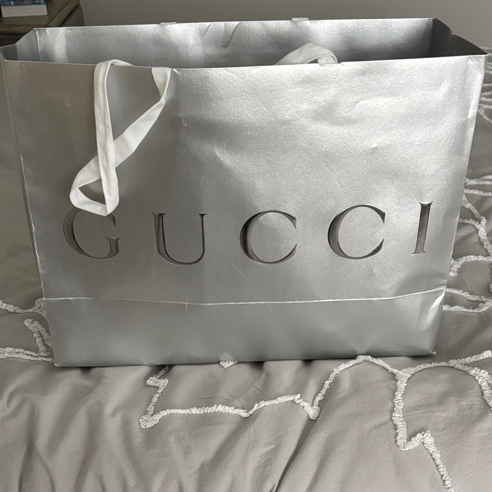 Gucci Silver Metallic Shopping Bag with White Ribbon Handles